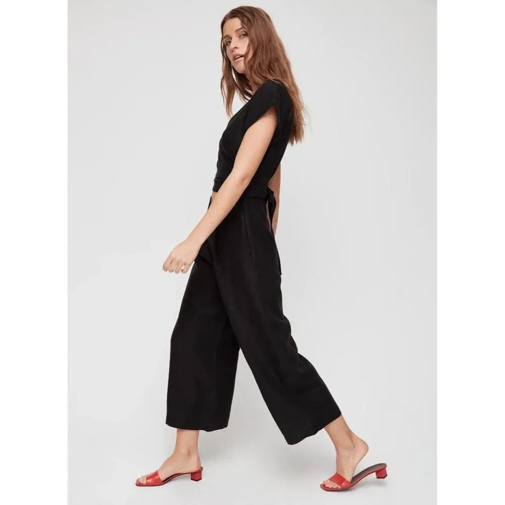 Aritzia WILFRED Brax Black Linen Lyocell Cut-Out Wrap Wide Leg Jumpsuit, Size 6 - Picture 3 of 13